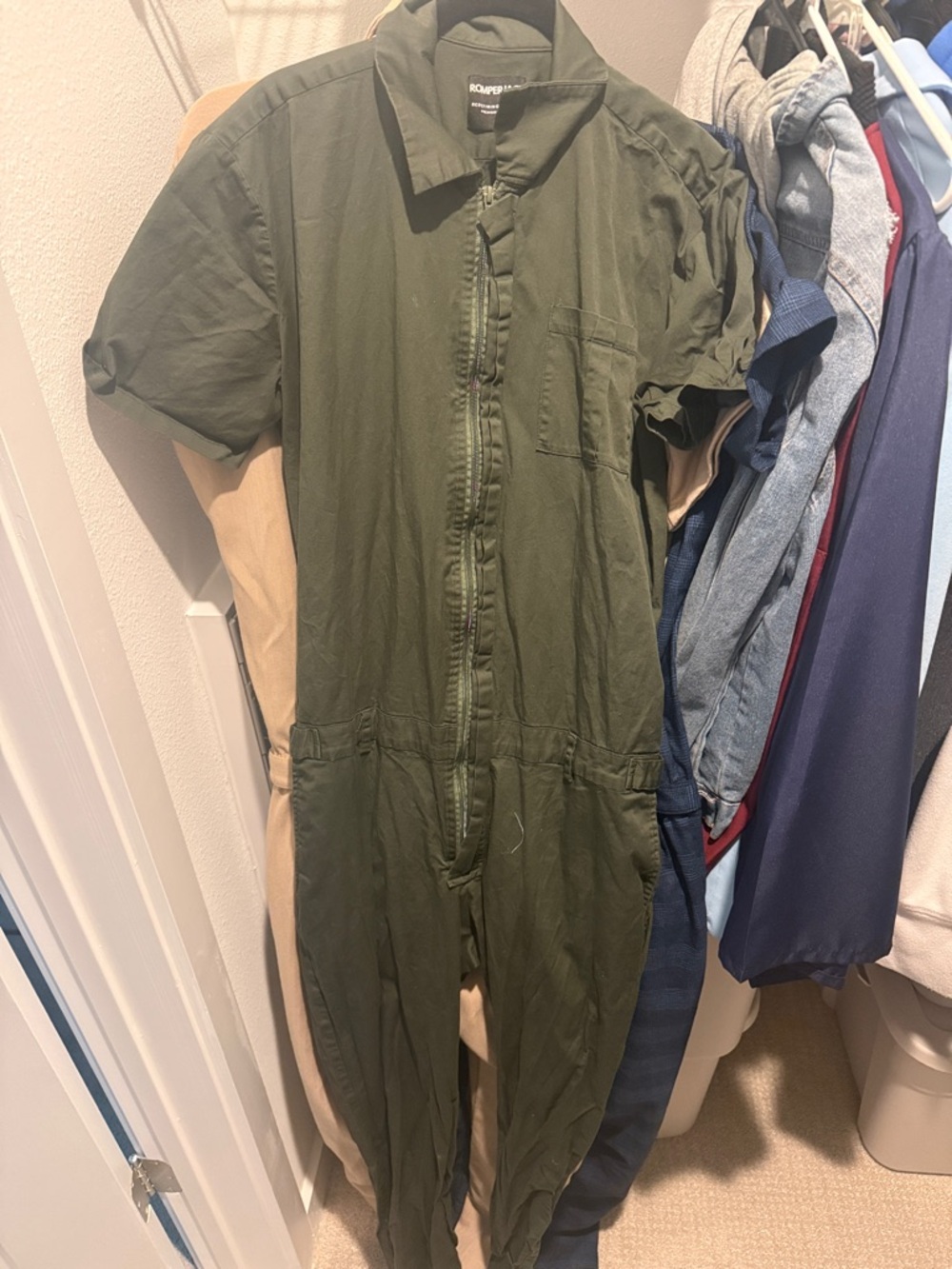 Three Short-Sleeve Coverall Jumpsuit - Olive Green, Sand, and Navy Blue